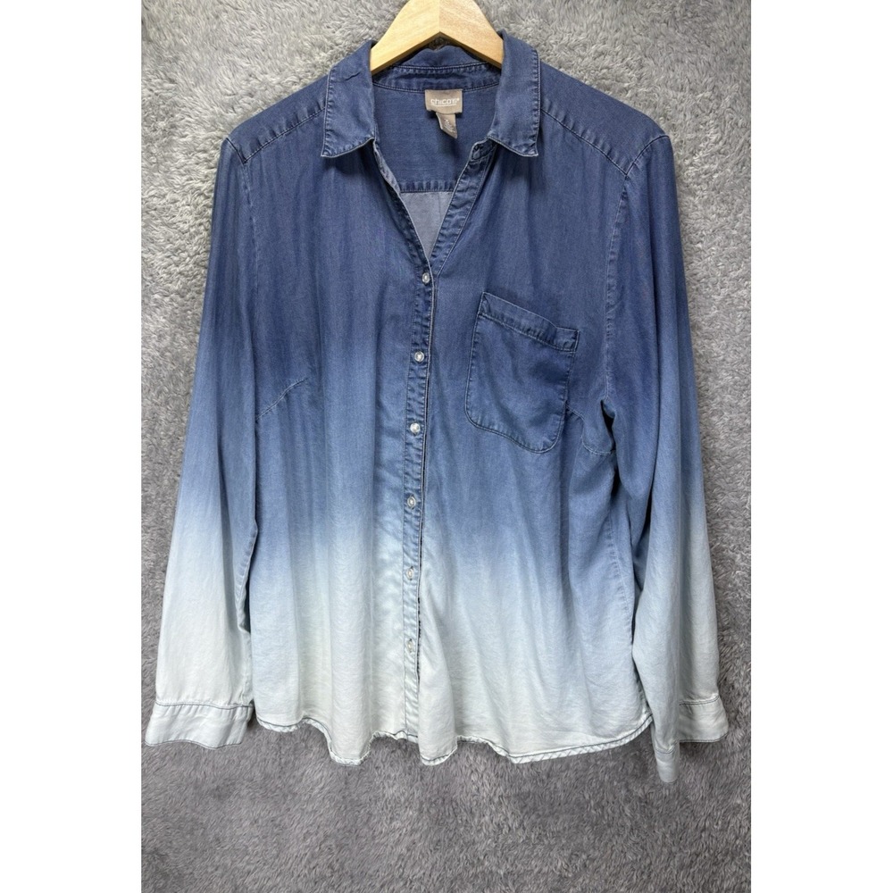 Chicos Women's Size 2 (Large) Blue Chambray Ombré Top Popover Coastal Casual